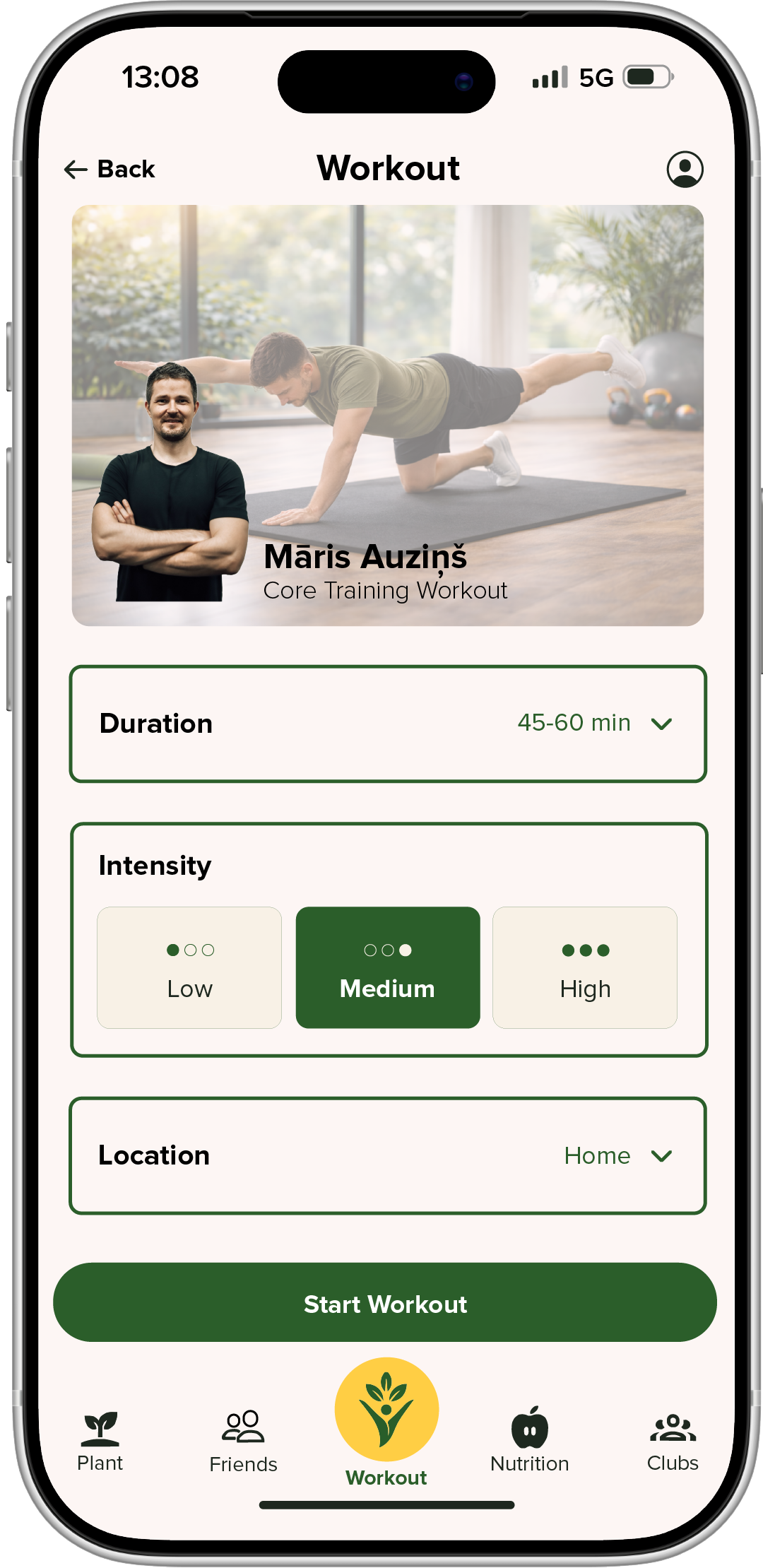 Workout app screen